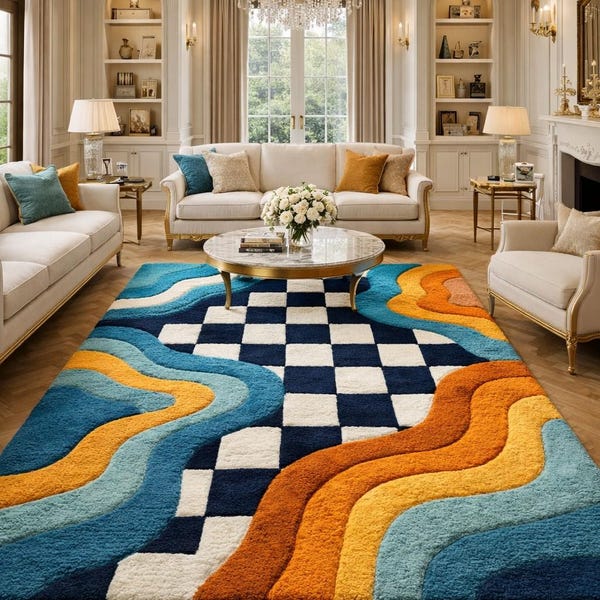 Tapete ondulado xadrez retrô feito à mão em lã, azul vibrante e laranja, estilo maximalista descolado, decoração marcante, grosso e macio, tamanhos personalizados 8x10 e 9x12.