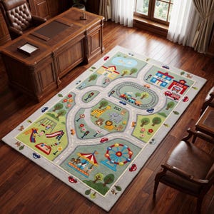 May include: A rectangular area rug featuring a colourful city map design with roads, a train track, a zoo with animals, a school, a police station, a fire station, a playground, a carousel, and a Ferris wheel, all set on a light green background.