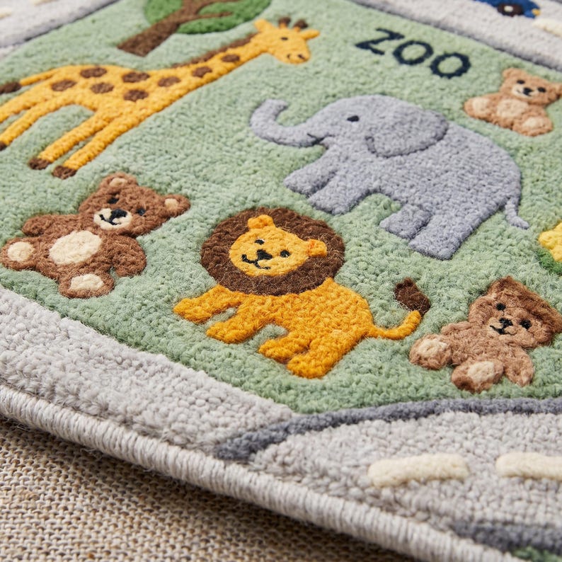 May include: A green textured rug featuring a tufted zoo theme with a yellow giraffe, a grey elephant, a brown lion, and several small brown teddy bears. The word ZOO is printed in black letters on the surface, surrounded by a grey border.