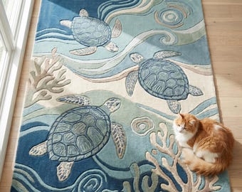 Coastal Sea Turtle Area Rug Hand Tufted Wool 3D Sculpted Ocean Wave Navy Blue Carpet Coral Beach House Decor Custom Sizes 8x10 9x12