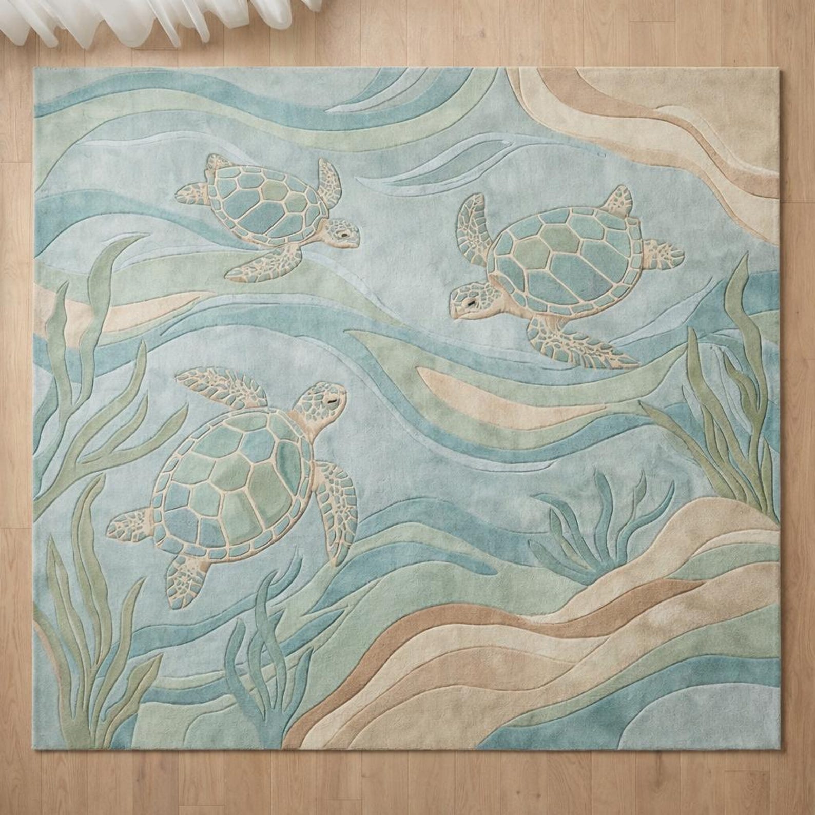 Coastal Sea Turtle Area Rug Hand Tufted Wool 3D Sculpted Ocean Wave ...