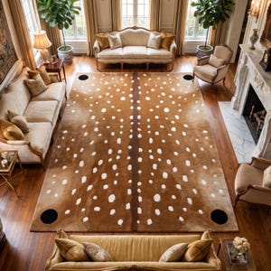 Fawn Spotted Hand Tufted Wool Rug | Tan Ivory Axis Deer Hide Shape Animal Print | Rustic Cabin Decor | Modern Living Room & Nursery Area Rug