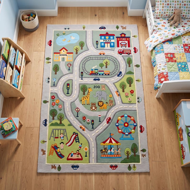 May include: A rectangular area rug featuring a colourful town map design with roads, a train track, a zoo with animals, a school, a police station, a fire station, a playground, and a carnival with a Ferris wheel and carousel on a light grey background.
