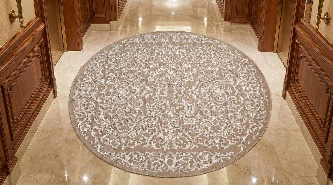Round Baroque Rug Round Baroque Wool Rug, Hand Tufted Beige Cream Damask Area Carpet ...