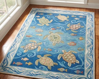 Hand Tufted Wool Turtle Area Rug, Blue Ocean Fish Rug, Coastal Sea Inspired 8x10 Rug, Oushak Style Nursery Living Room Decor