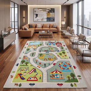 May include: A rectangular area rug featuring a colourful play city design. The rug displays a network of roads, a school, a police station, a fire station, a zoo with animals, a playground with a slide and swing set, and a carnival with a carousel.