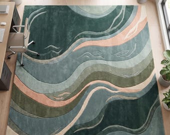 Tapis abstrait à motifs ondulés, tapis Japandi vert tendance, tapis moderne pour chambre, décoration biophilique ondulée, salon contemporain