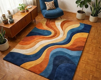 Retro 70s Wavy Hand Tufted Area Rug | Mid Century Modern Abstract Swirl Carpet | Groovy Orange & Blue Plush Rug for Living Room