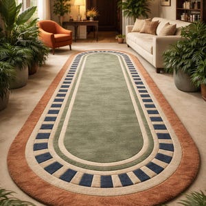 Hallway Runner Rug, Scandinavian Oval Runner, Sage Green Kitchen Runner Rug, Navy Border Entryway Runner, Hand Tufted Wool Runner