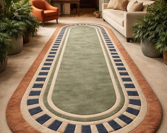 Tapis d'entrée scandinave tufté à la main, tapis en laine ovale vert sauge, tapis d'entrée de cuisine bordure bleu marine