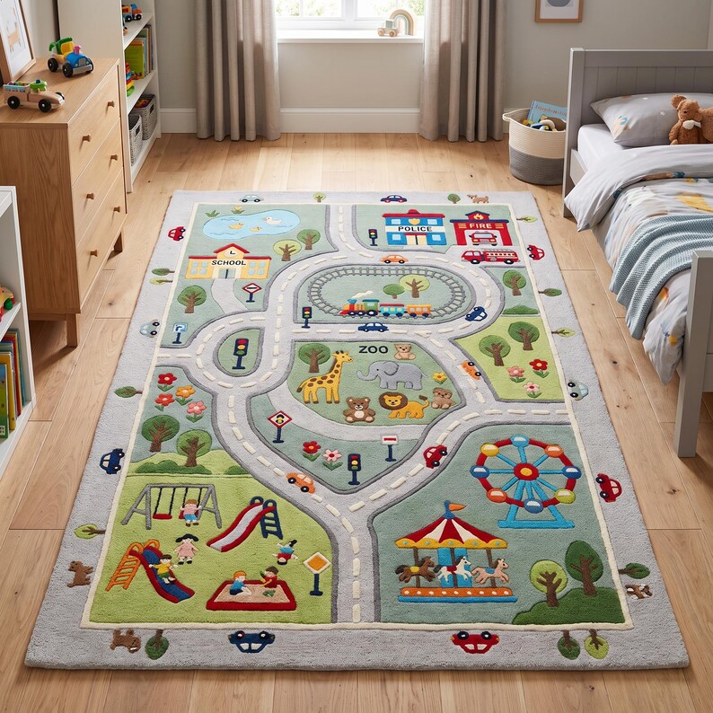 May include: A rectangular area rug featuring a colourful play city map design. The rug displays a winding road, a train track, a zoo with animals, a playground with slides and swings, a school, a police station, a fire station, and a carousel.