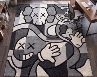 Grand tapis rétro en laine tufté à la main Pop Art 8 x 10 9 x 12, abstrait moderne gris noir crème, décoration de luxe Hypebeast, dimension personnalisée 10 x 14