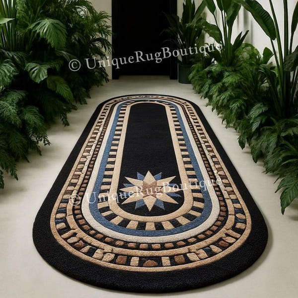Tapete oval geométrico preto para corredor, tapete art déco com medalhão de estrela, decoração tufada para hall de entrada, tamanho personalizado disponível.