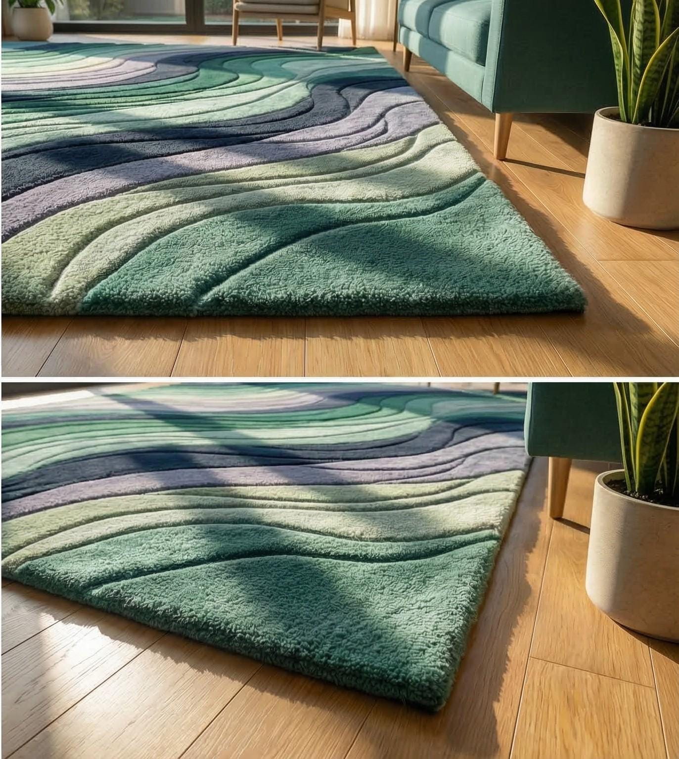 Modern Wave Wool Rug Hand Tufted Green Blue Abstract Area Rug Luxury ...