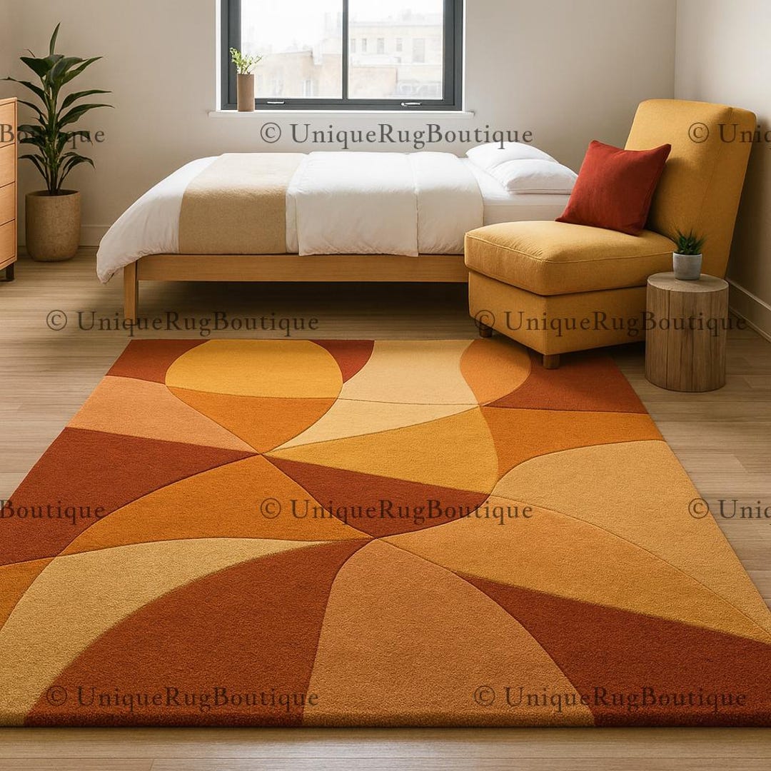 Retro 70s Wavy Rug Hand Tufted Abstract Burnt Orange Area Carpet Mid ...