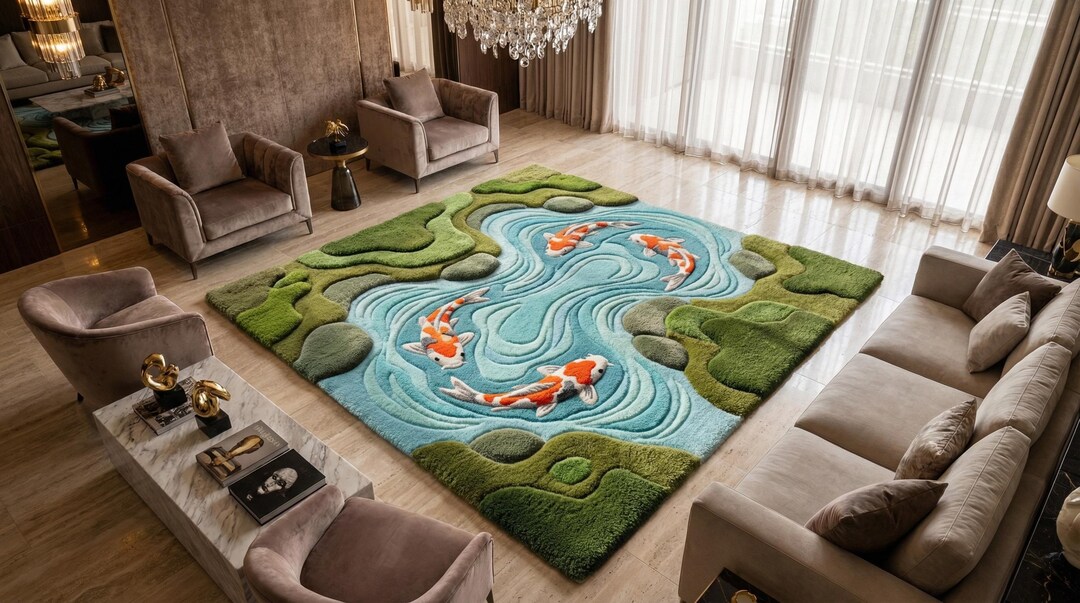 Pond/water Rug 3D Koi Pond Area Rug | Hand Tufted Japanese Garden Carpet | Water ...