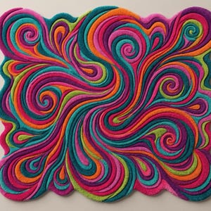 Peut inclure: Un tapis color&eacute; avec un motif abstrait et tourbillonnant. Le tapis pr&eacute;sente un m&eacute;lange de couleurs vives, notamment du rose, de l'orange, du turquoise, du vert et du violet. Les bords sont festonn&eacute;s. Ce tapis d&eacute;coratif convient &agrave; toutes les pi&egrave;ces.