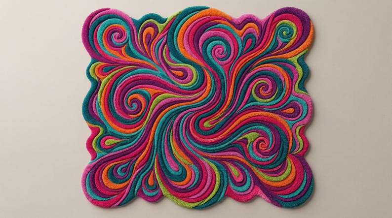 Peut inclure: Un tapis color&eacute; avec un motif abstrait et tourbillonnant. Le tapis pr&eacute;sente un m&eacute;lange de couleurs vives, notamment du rose, de l'orange, du turquoise, du vert et du violet. Les bords sont festonn&eacute;s. Ce tapis d&eacute;coratif convient &agrave; toutes les pi&egrave;ces.