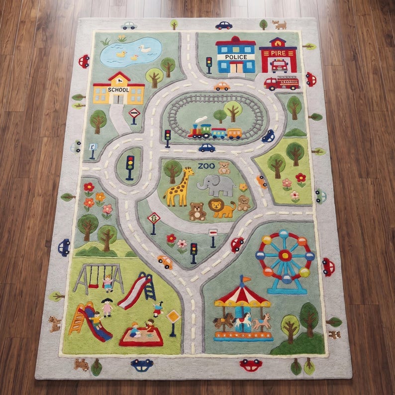 May include: A rectangular area rug featuring a colourful city map design with roads, a train track, a zoo with animals, a playground, a ferris wheel, and a carousel. Buildings labelled School, Police, and Fire are depicted alongside a pond.