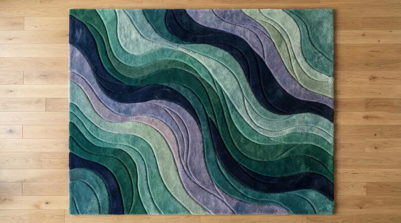 Modern Wave Wool Rug Hand Tufted Green Blue Abstract Area Rug Luxury ...