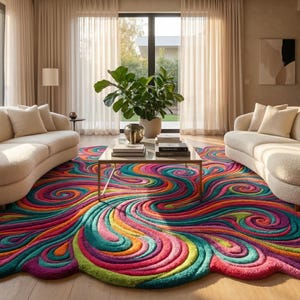 Peut inclure: Salon avec deux canap&eacute;s incurv&eacute;s cr&egrave;me, une table basse et un tapis color&eacute; avec un motif tourbillonnant. Le design du tapis comprend des nuances de rouge, d'orange, de vert et de violet. Le tapis est un point central.