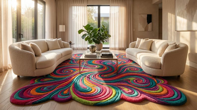 Peut inclure: Salon avec deux canap&eacute;s incurv&eacute;s cr&egrave;me, une table basse et un tapis color&eacute; avec un motif tourbillonnant. Le design du tapis comprend des nuances de rouge, d'orange, de vert et de violet. Le tapis est un point central.