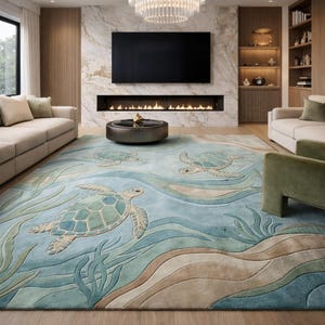 Puede incluir: Una alfombra grande con un diseño de tortugas marinas. La alfombra presenta un fondo azul claro con olas y tortugas marinas en tonos azules y verdes. La alfombra está en un salón con muebles de colores neutros.