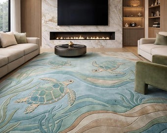 Coastal Sea Turtle Area Rug Hand Tufted Wool 3D Sculpted Ocean Wave Carpet Aqua Blue Beige Beach House Decor Custom Sizes 8x10 9x12