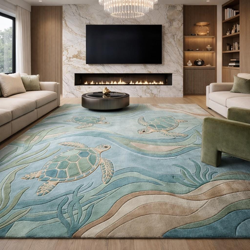 Coastal Sea Turtle Area Rug Hand Tufted Wool 3D Sculpted Ocean Wave ...