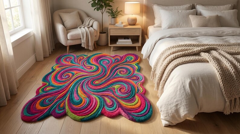 Peut inclure: Un tapis color&eacute; avec un motif abstrait et tourbillonnant. Le tapis pr&eacute;sente des nuances de rose, de sarcelle, d'orange et de vert, cr&eacute;ant un motif dynamique. Le tapis mesure environ 152 cm sur 183 cm.