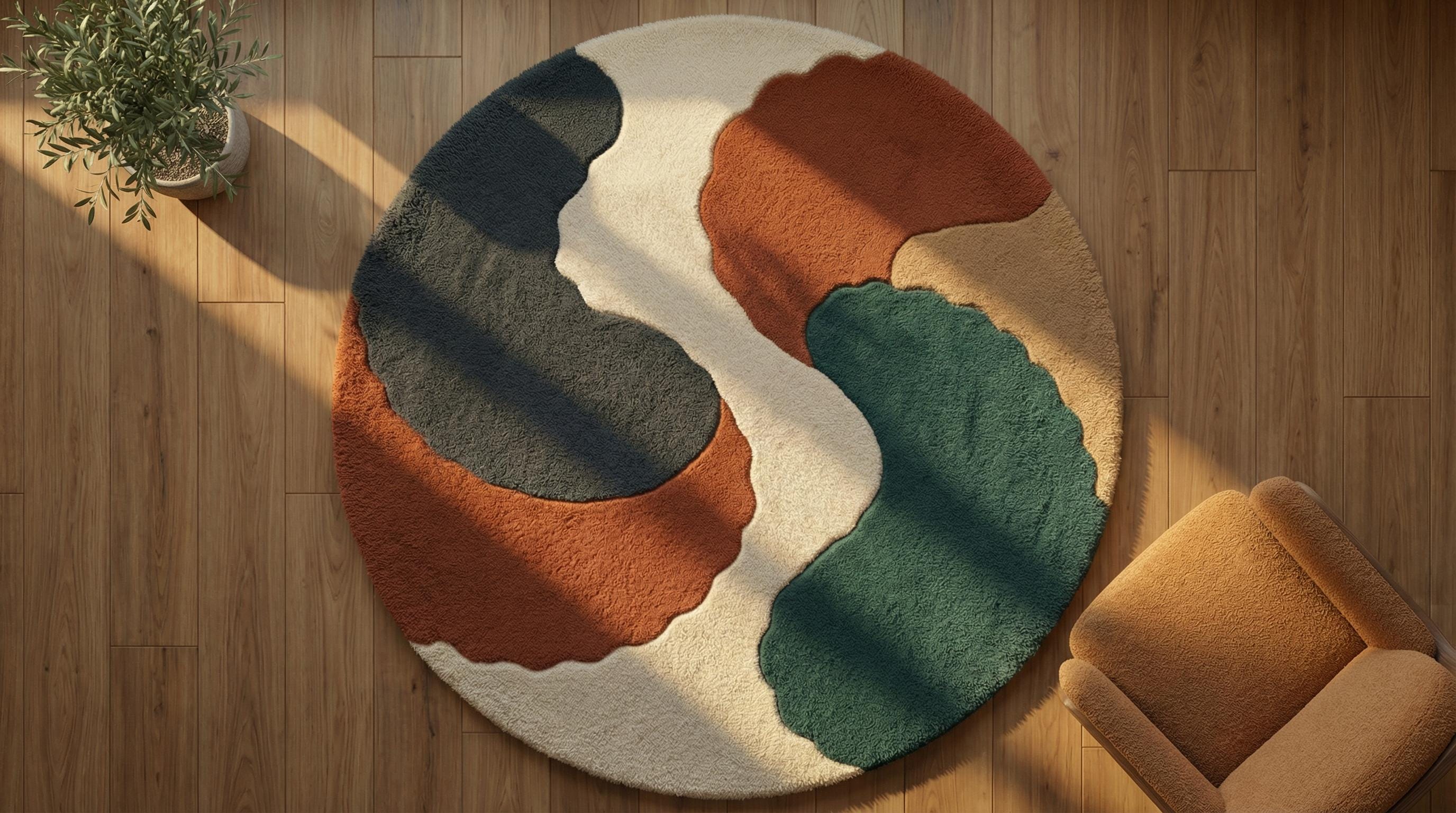 Eclectic Round Wool Rugs Round Abstract Wool Rug, Hand Tufted Organic Color Block Area Rug, Mid ...