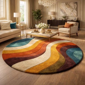 May include: A round area rug with a retro design. The rug features a wavy pattern in shades of blue, teal, orange, yellow, brown, and cream. The rug is placed on a hardwood floor in a living room setting.