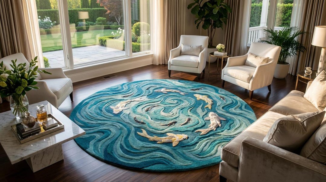 3docean Rugs 3D Koi Fish Round Rug Hand Tufted Ocean Waves Circle Carpet Luxury Teal ...