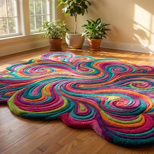 Peut inclure: Tapis abstrait aux couleurs vives avec un motif tourbillonnant rose, turquoise, orange et vert. Le tapis est pos&eacute; sur un parquet pr&egrave;s d'une fen&ecirc;tre, cr&eacute;ant un &eacute;l&eacute;ment d&eacute;coratif dynamique pour un salon.