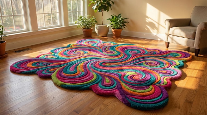 Peut inclure: Tapis abstrait aux couleurs vives avec un motif tourbillonnant rose, turquoise, orange et vert. Le tapis est pos&eacute; sur un parquet pr&egrave;s d'une fen&ecirc;tre, cr&eacute;ant un &eacute;l&eacute;ment d&eacute;coratif dynamique pour un salon.