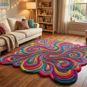 Peut inclure: Un tapis abstrait color&eacute; avec un motif tourbillonnant dans des tons de rose, orange, jaune, vert et bleu. Le tapis est pos&eacute; sur un parquet dans un salon, pr&egrave;s d'un canap&eacute; et d'un fauteuil beiges. Le design est attrayant.