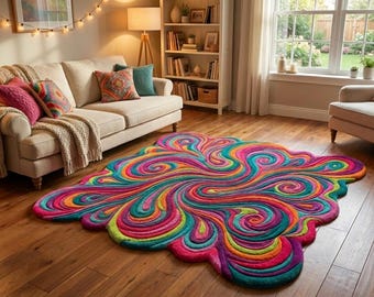 Tapis funky ondulé Maximalist, décor de dopamine, tourbillon abstrait, tapis en laine coloré touffeté à la main, forme irrégulière, taille personnalisée, 5 x 8, 8 x 10, 9 x 12, tapis