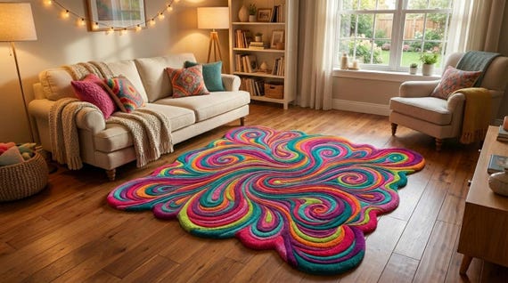 Maximalist Funky Wavy Rug Dopamine Decor Abstract Swirl Colorful Hand Tufted Wool Carpet Irregular Shape Custom Size 5x8 8x10 9x12 Rug