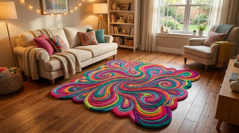 Peut inclure: Un tapis abstrait color&eacute; avec un motif tourbillonnant dans des tons de rose, orange, jaune, vert et bleu. Le tapis est pos&eacute; sur un parquet dans un salon, pr&egrave;s d'un canap&eacute; et d'un fauteuil beiges. Le design est attrayant.