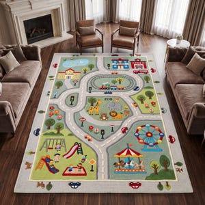 May include: A rectangular area rug featuring a colourful play mat design with roads, a train track, a zoo with animals, a school, a police station, a fire station, a playground with slides and swings, and a carnival with a Ferris wheel and carousel.
