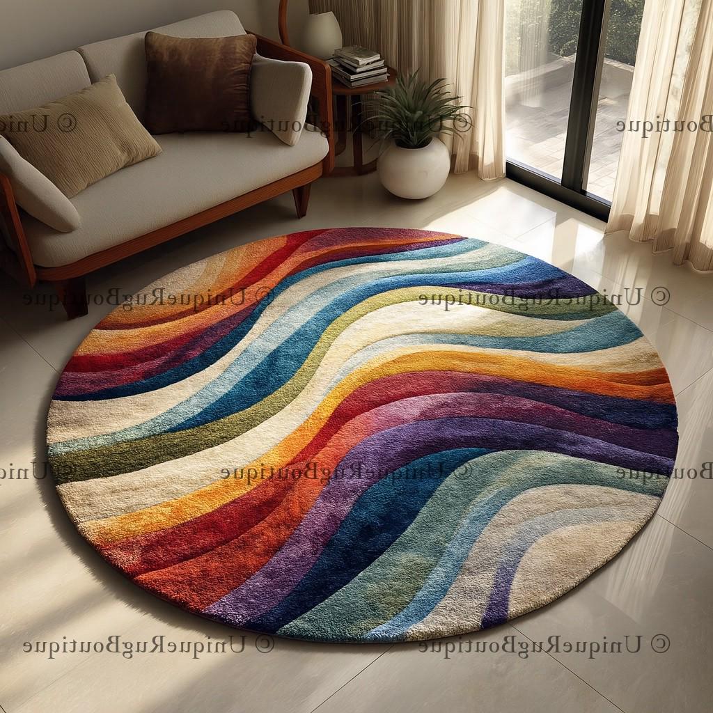 Maximilast Rug Colorful Wavy Round Area Rug, Abstract Rainbow Circle Carpet, Tufted ...