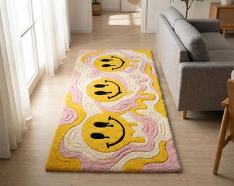 Tapis visage souriant fusion Y2K chemin de table capitonné décor de chambre pastel trippy Décoration dopamine Funky Pop Art tapis de sol personnalisé groovy psychédélique