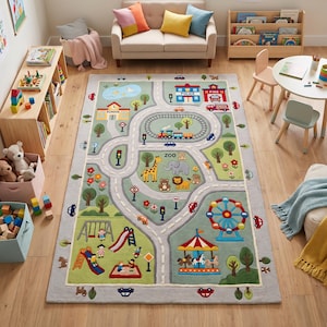 May include: A rectangular area rug featuring a colorful play mat design with roads, a train track, a zoo with animals, a school, a police station, a fire station, a playground, a ferris wheel, and a carousel on a light green and gray background.