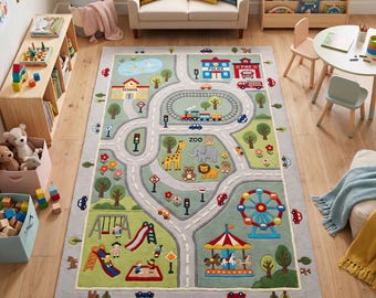 tapis de jeu plan de la ville touffeté à la main | Tapis pour salle de jeux pour enfants, voiture, carpette pour chambre de bébé