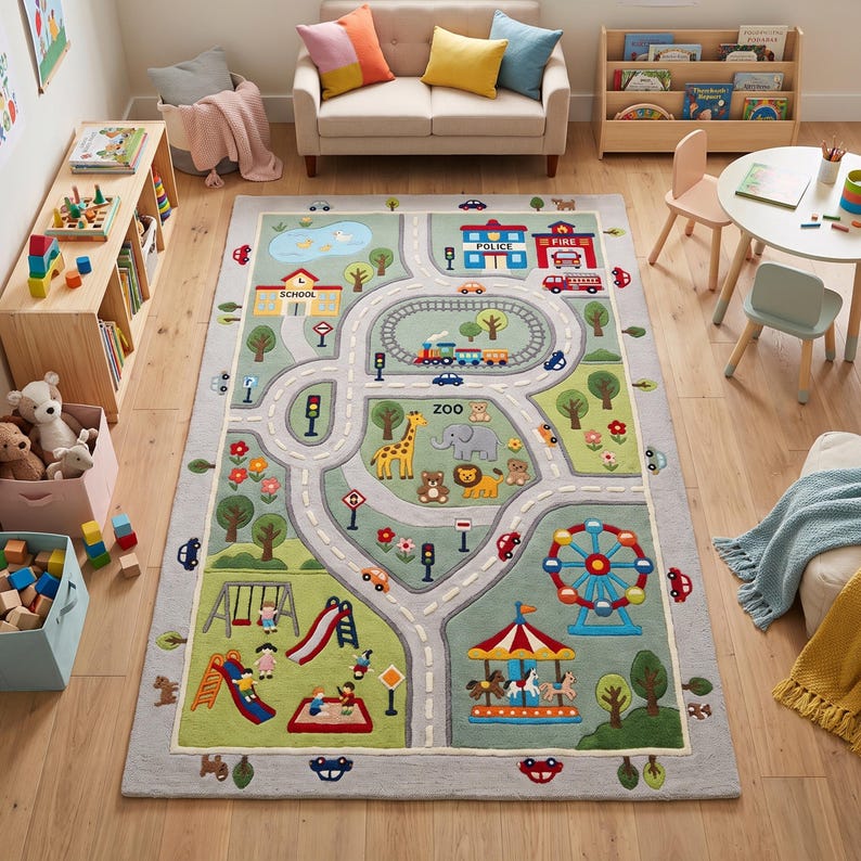 May include: A rectangular area rug featuring a colourful play mat design with roads, a train track, a zoo with animals, a school, a police station, a fire station, a playground, a ferris wheel, and a carousel on a light green and grey background.