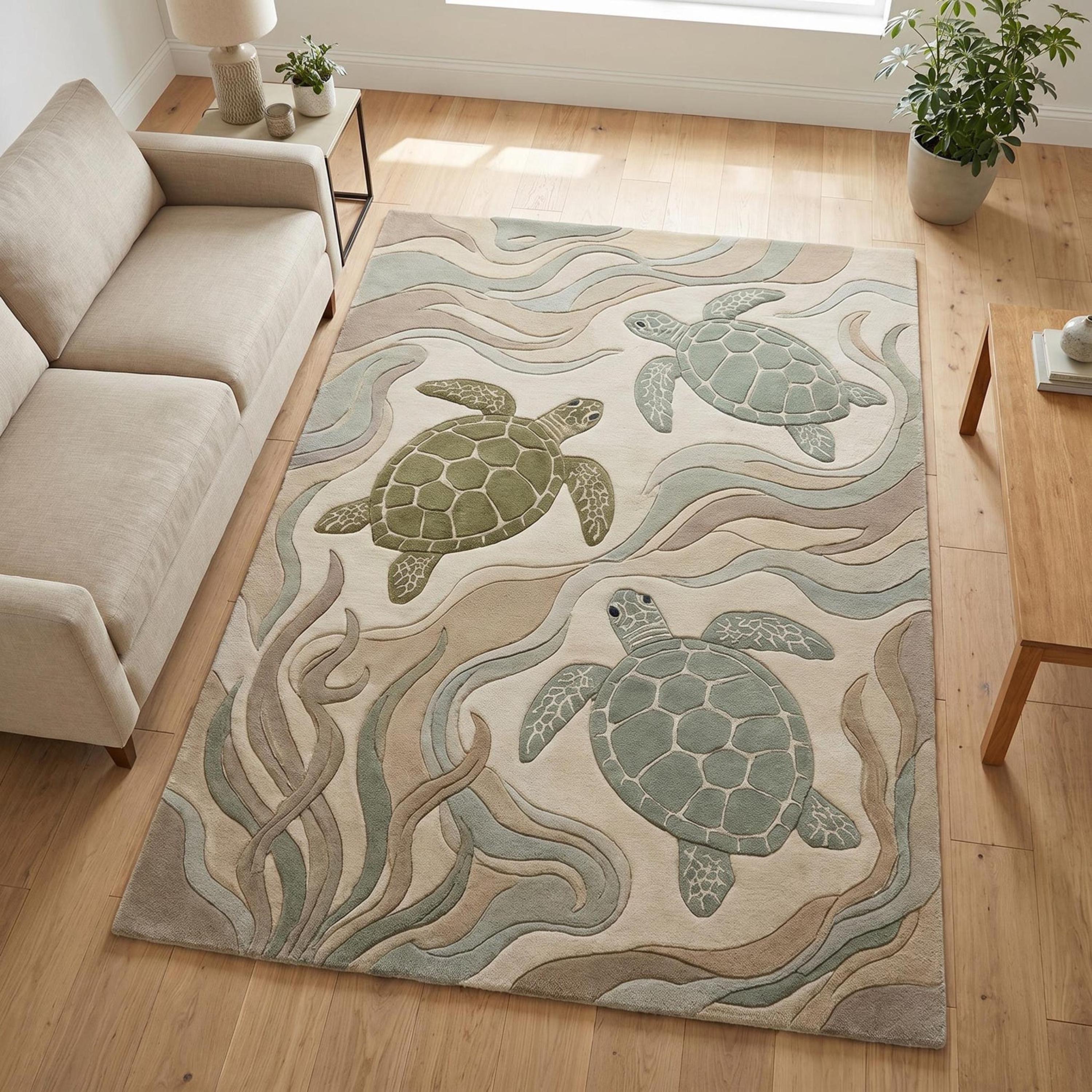 Coastal Sea Turtle Area Rug Hand Tufted Wool 3D Sculpted Ocean Wave ...