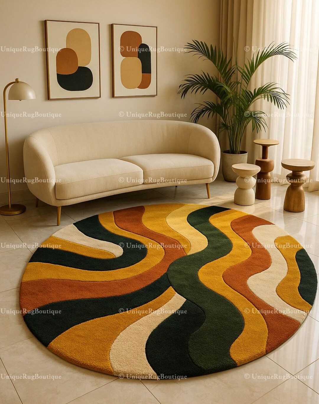 Vintage Style Round Rug – Retro Curvy Pattern for Living Room Decor ...