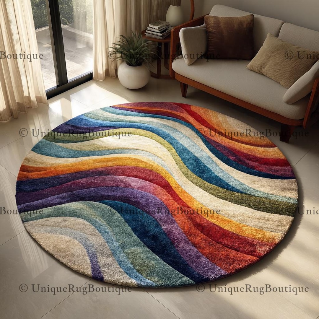 Large Round Area Rug Colorful Colorful Wavy Round Area Rug, Abstract Rainbow Circle Carpet, Tufted ...