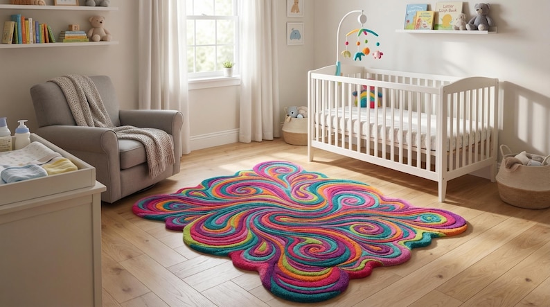 Peut inclure: Un tapis abstrait color&eacute; dans une chambre d'enfant. Le tapis pr&eacute;sente un motif tourbillonnant avec des nuances de rose, de bleu, de jaune et de vert. Un lit b&eacute;b&eacute; blanc, un fauteuil gris et une table &agrave; langer sont &eacute;galement pr&eacute;sents.