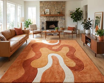 Terracotta Abstract Wool Rug, Hand Tufted Burnt Orange Area Rug, Cream Wave Carpet, Modern Boho Living Room Rug